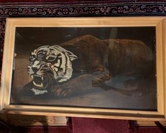 Original art (Tiger) by local artist (25 in x 41 in) on cardboard stock with wood frame and glass