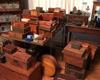 Large collection of antique wooden chests