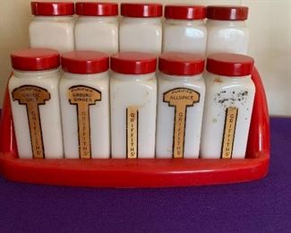 Griffiths’ milk glass spice set with plastic shelf