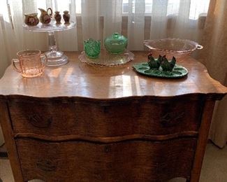 Beautiful antique low boy, cake plates, Salt and pepper shakers, cream and sugars, and unique deviled egg tray with salt and pepper