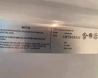 Label on Maytag refrigerator freezer