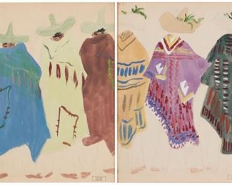 18
Marcel Vertes (1895-1961, Hungarian)
Two works

"Trois Mexicanos"
Second-quarter 20th Century
Watercolor and gouache on Canson & Montgolfier card under glass
Signed in pencil upper left: Vertes, wetstamped "Atelier Vertes" lower right
12" H x 9" W

"Trois Mexicanos"
Second-quarter 20th Century
Watercolor and gouache on Canson & Montgolfier card under glass
Unsigned, wetstamped "Atelier Vertes" lower right
12" H x 9" W
Estimate: $800 - $1,200