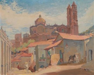 22
John W. Orth
1889-1976, Santa Ana, CA
Taxco Scene With Figures And Cathedral
Oil on board
Signed and inscribed lower left: J. W. Orth / Taxco
24" H x 30" W
Estimate: $600 - $900
