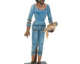 29
A Saint Joseph And Infant Jesus Santos Figure
19th Century
The polychrome-painted carved wood santos figure of Saint Joseph with glass eyes holding an infant Jesus wrapped in ribbon
18" H x 6.5" W x 4.875" D
Estimate: $300 - $500