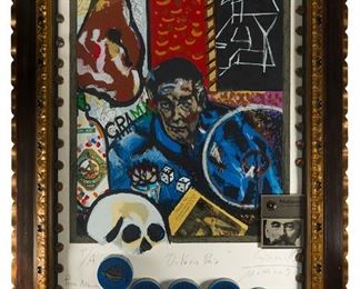 36
Alberto Gironella
1929-1999, Mexican
"Octavio Paz," 1990
Collage on paper under glass
Signed, inscribed, and dated lower right: Gironella / Mexico 90, titled lower center, inscribed lower left: P/A Para Alberto / Octavio Paz
47" H x 29.5" W
Estimate: $2,500 - $3,500