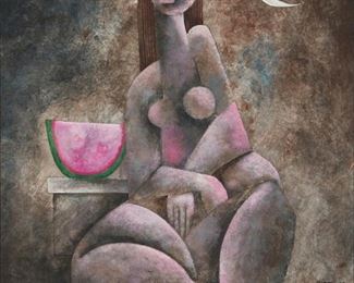 42
Byron Galvez
1941-2009, Mexican
Nude With Watermelon And Moon, 2007
Mixed media on board
Signed and dated lower right: Byron '07
31.5' H x 23.5" W
Estimate: $3,000 - $5,000