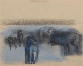 50
Gustavo Montoya
1905-2003, Mexican
Pack Of Dogs
Mixed media on paper under glass
Signed lower right: Gustavo Montoya
Sight: 8.5" H x 11.5" W
Estimate: $400 - $600