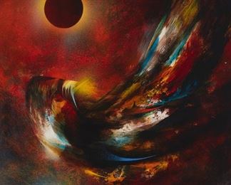 54
Leonardo Nierman
b. 1932, Mexican
"Eclipse," 1975
Acrylic on Masonite
Signed lower left: Nierman, titled verso, titled again and dated on a gallery label affixed verso
31.5" H x 23.75" W
Estimate: $1,000 - $2,000