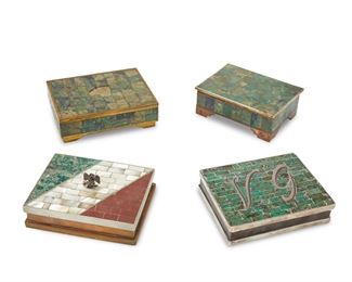 67
Four Mexican Inlaid Mixed-Metal Boxes
Third-quarter 20th Century; Taxco, Mexico
One marked: Sigi / Tasco [sic]; Three marked for Los Castillo; Further marked: Taxco / Hecho en Mexico / Handwrought
Each wood-lined box with inlaid mosaic stone, comprising one Sigi Pineda footed box with hinged lid and three Los Castillo boxes, one footed box with hinged lid, one box personalized "V.G." to the lid, and one box in the style of the Mexican flag with mother-of-pearl and applied eagle finial, 4 pieces
Largest: 1.625" H x 5.5" W x 4.25" D
Estimate: $200 - $400