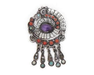 77
A Matl Sterling Silver Turkey-Motif Pendant/Brooch
Third-quarter 20th Century; Mexico City, Mexico
Stamped: Matl / M. Regis14-2093/ Mexico 925/ MS-12
Repousse silver set with amethyst, coral, and turquoise with turkeys motif
3.5" L x 2" W
29.6 grams
Estimate: $800 - $1,200