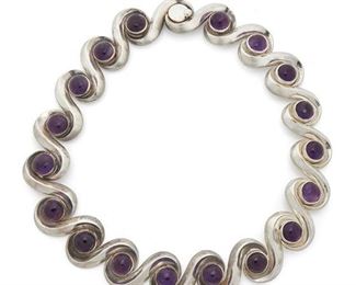 133
An Antonio Pineda Silver And Amethyst Necklace
Circa 1953-1979; Taxco, Mexico
Crown mark for Antonio Pineda; Further stamped: Eagle 17 / YY468 / Made in Mexico / Silver / YY468
Designed with stylized curved links alternating with round cabochon amethysts
15"L x 1" W
218.5 grams
Estimate: $800 - $1,200