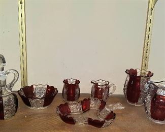Red glass pitcher  creamer, vinegar cruet