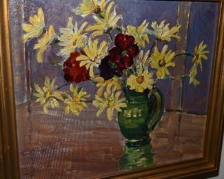 Original Oil called "Flowers" by Charlotte Morgan, circa 1920.