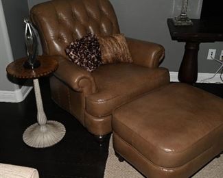 Custom Ethan Allen camel colored leather tufted chair.
