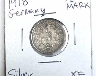 1918 Germany Silver 1/2 Mark, Extra Fine