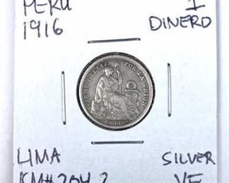 1916 Peru Silver 1 Dinero VF, Lima