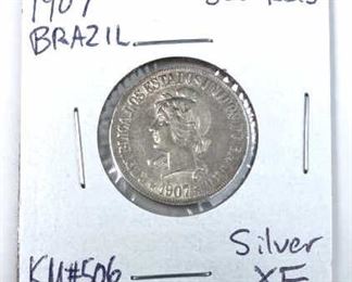 1907 Brazil Silver 500 Reis, Extra Fine