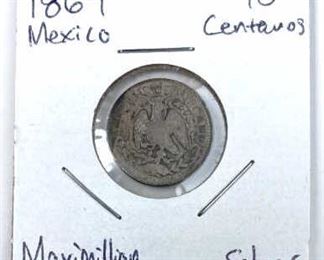 1864 Mexico 10 Centavos Maximillian Silver