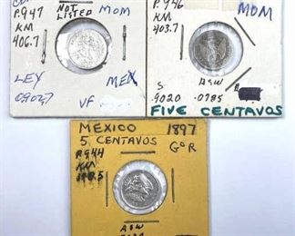 (3) Mexico Silver 5 Centavos: 1891, 1892, 1897