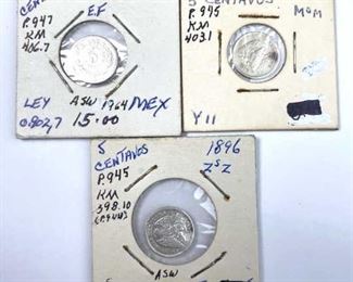 (3) Mexico Silver 5 Centavos: (2) 1889, (1) 1896