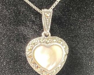 925 w/ Mother of Pearl, Marcasite Pendant Necklace