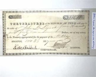 1837 Texas Republic Treasury Warrant