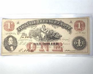 1862 Confederate Virginia $1 Treasury Note