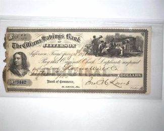 1876 Jefferson, Texas Citizens Savings Bank Check