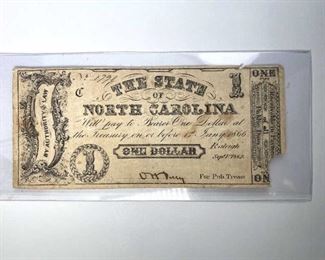 1862 State of North Carolina $1 One Dollar Note