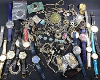 Large Costume Jewelry/Watch Assortment  Nice mix of necklace chains, watches, bracelets, earrings, rings and more.  