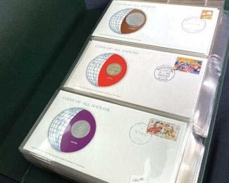 For your consideration is this Coins of All Nations Album.  Wow! Awesome set full of all kinds of coins from around the world.  These are first day issue style stamp cover envelopes.  