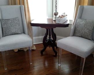 Modern Pair of Chairs with Lucite legs and Metallic Fabric...Victorian Side Table