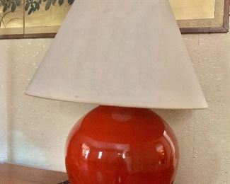 $175 Vintage round red lamp. 29"H  x approx 14" diam. 