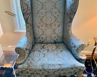 $140 Heritage wing arm chair blue upholstery 52"H x 32"W x 23" D X 19" (seat height) 