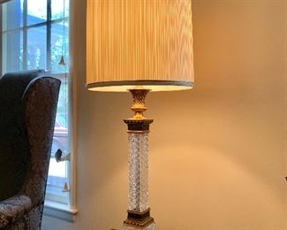 $125 each - Pair glass, metal base, fabric shade lamps (#1)  45” H x 5.5” square (base)