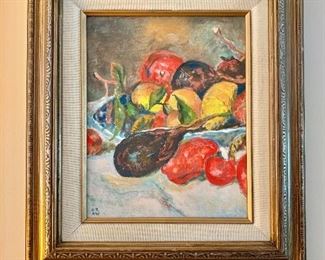 $195 still life painting of fruit, oil, initialed lower left.  15.5" H x 13.5" W. 