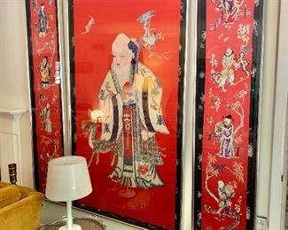$1800 3 part silk textile God of Longevity plus 8 Immortals.  Left and right panels approx 76" H x 16.5" W; center panel approx 76" H x 41" W. 