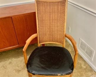 $950 Set 10 Tomlinson dining chairs (8 side, 2 arm),  AS-IS - heavy wear on cushions.  Side chairs each  42.5" H, 20" W, 18" D, seat height 17". Arm chairs each  48" H, 22" W, 18" D, seat height 17". 