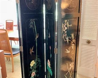 $595 Chinoiserie  screen with floral motifs includes 2 metal bird screen holders .  74" H x 64" W. 