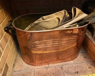 $100 Copper bucket with handles.   25" L, 12.5" W, 13" H. 
