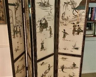 $395 Chinoiserie  large screen with white ground and black figures.  72.5" H x approx 72" W. 