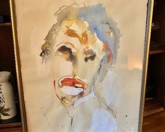$95 Alexis De Boeck watercolor portrait, clown-like, signed and dated 1971 lower right.  As is (frame damaged).  26" H x 19.5" W.