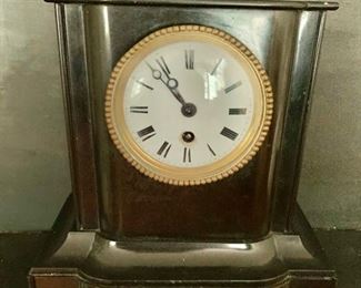 $140 AS IS Vintage clock with winding movement (key present) - chip on bottom right.  9.75" H, 9.75" W, 5.5" D