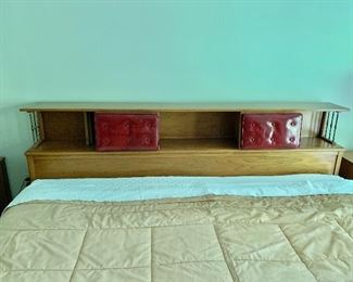 $400 Vintage wood and red vinyl headboard, 40" H x 80" W x 11" D