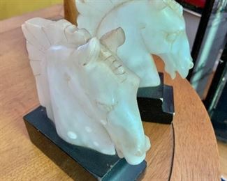 $85  Pair Italy large horse head book ends, one as is (chipped ear).   Each 7" H, 5.5" W. 