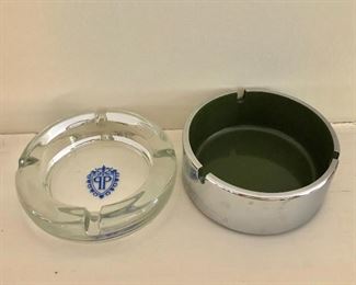 $15 each vintage ashtrays, “PP” glass ashtray 4.5” diam. Chrome and green ashtray 1.5” H x 4” diam.
