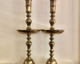 $85 Pair large brass candle stands with bowl shelves 29.5" H by 10" diameter 