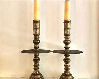 $120 Pair large engraved brass candleholders with flat shelves 22"H by 11" diam.