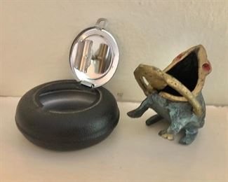 $20 ea vintage ashtrays, Small lozenge shaped ashtray
.75” H x 2.25” diam. Brass frog ashtray SOLD 
