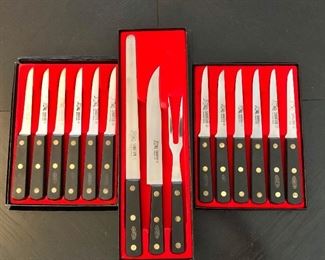 $40 each set - Sabatier knives (2 sets), 6 each plus carving set 9.5” L (steak knife), 13” L (carving knife)